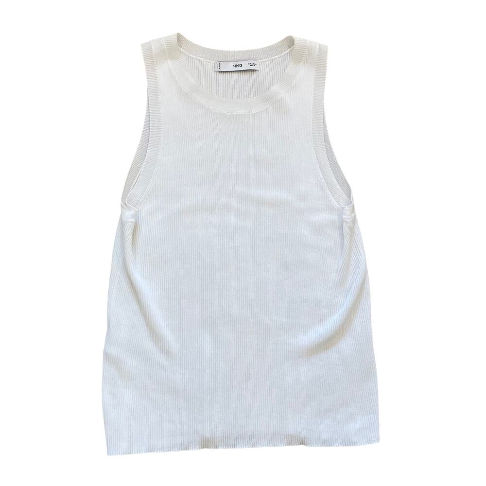 MNG Mango White Ribbed Sleeveless Tank Top, Minimalist, Size M